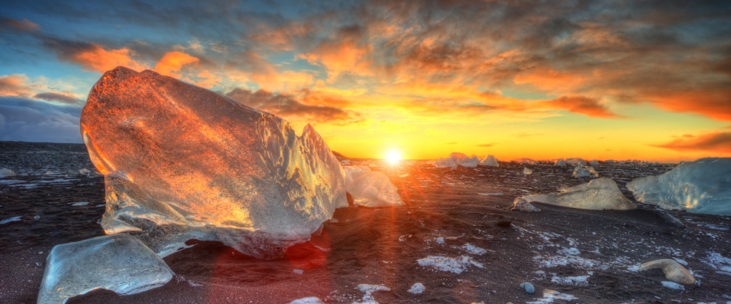 Sunset at the Diamond beach in Iceland