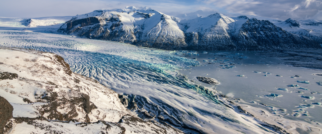 A glacier running down a valley in Skaftafell Iceland.